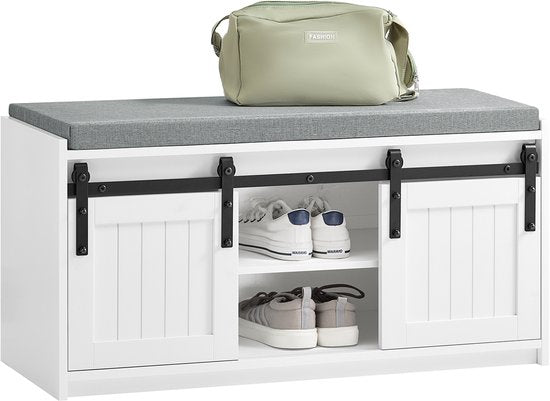 SoBuy Meuble d'entrée avec portes coulissantes, banc à chaussures à 6 compartiments pour l'entrée, 90x35x46 cm, blanc, FSR133-K-W