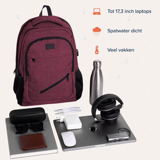 TRVLMORE Sac à dos à vie - Sac à dos avec compartiment pour ordinateur portable 17 pouces - Cartable - Résistant aux éclaboussures - Hommes et femmes - Garçons et filles - 36L - Bourgogne