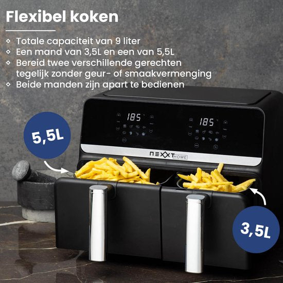 Nexxt Digital Double Airfryer XXL - Friteuse à air chaud avec écran tactile - Capacité 5,5 + 3,5 litres - 8 programmes de cuisson - Noir