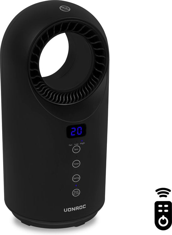 VONROC Radiateur électrique - radiateur soufflant - 1000W/1500W - sans pales - Céramique - 3 niveaux - Télécommande incluse - fonction swing - thermostat et minuterie - 15m2 - noir