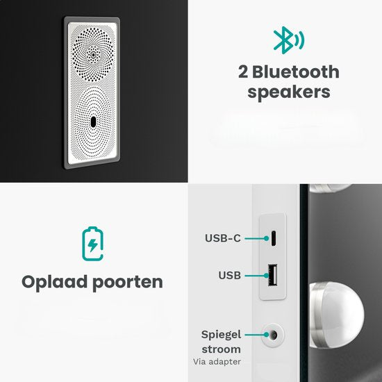 Mirlux Grand miroir hollywoodien 80x60CM - 2 haut-parleurs Bluetooth - ports de charge USB & USB-C - éclairage LED - miroir de maquillage - zoom 10x - à suspendre - blanc