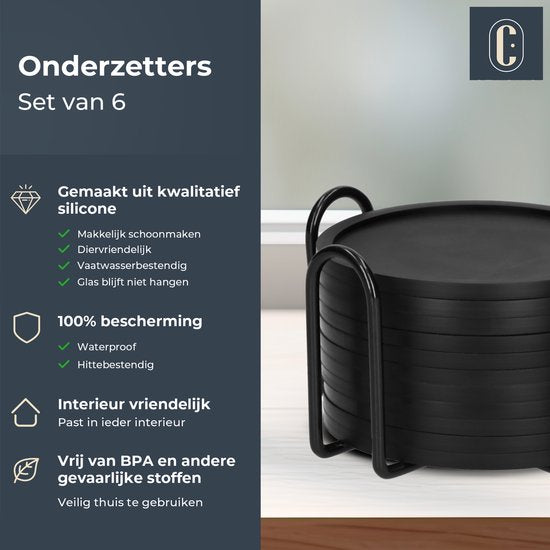 Castagnola Sous-verres en silicone - Sous-verres pour verres - Sous-verres design avec support - Set de sous-verres - Antidérapant - Lot de 12 - Noir