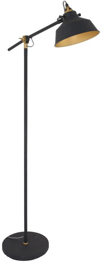 Lampadaire noir Nove 1322ZW - Lampe industrielle pivotante et inclinable avec détails dorés, prise E27, métal et plastique - Mexlite