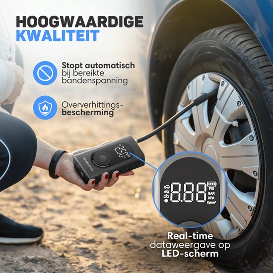 Vulpes Goods® Tech - Pompe à pneu portable à compresseur - 6400mAh - Pompe électrique pour vélo - Compresseur d'air pour voiture, scooter, vélo, ballon et lit pneumatique - 7 accessoires inclus - Lampe de poche - Powerbank - Mallette de voyage - PRO