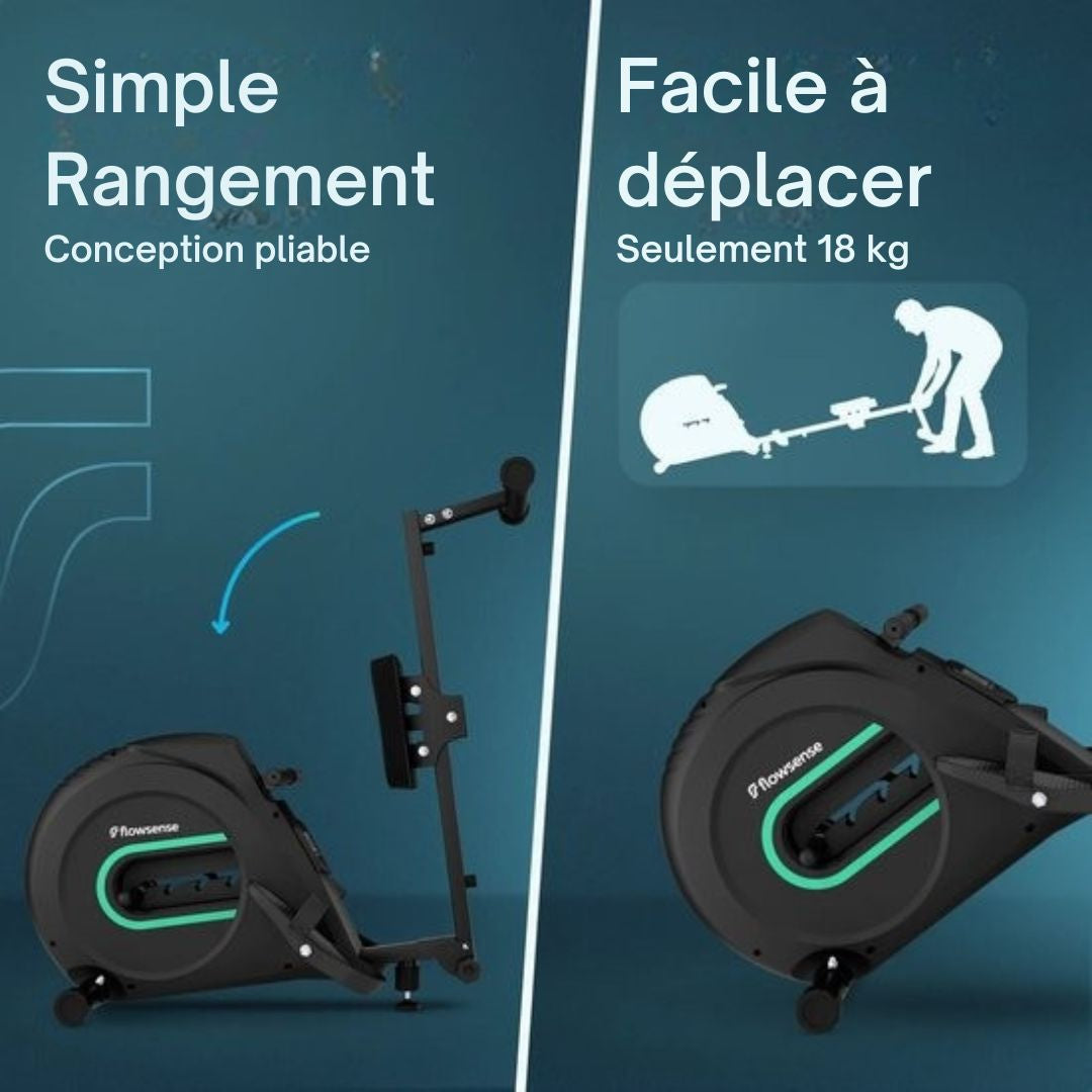 Rameur Flowsense Elvora Lite - pliable - Résistance élastique - Affichage LCD - Silencieux et compact - Pour utilisateurs jusqu'à 200 cm / 115 kg - noir