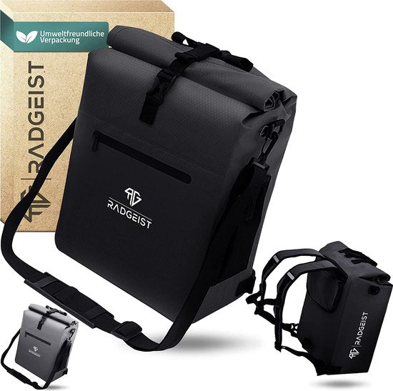 Sacoche de vélo 3 en 1 RADGEIST - sac à dos de vélo, sacoche de porte-bagages, sacoche à bandoulière, avec compartiment pour ordinateur portable, étanche, 25 litres, noir