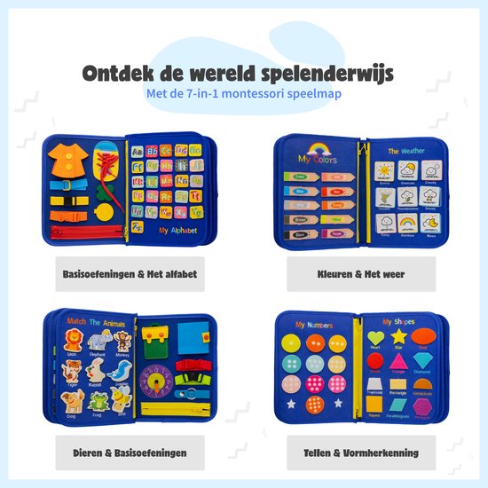 MontiPlay® Montessori Toys - Jouets sensoriels - Tableau d'activités - Tableau d'occupation - Livre d'activités Montessori pour la maison - Educatif - Jouets sensoriels - Bleu