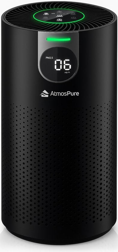 AtmosPure® CleanAir Air Purifier - Purificateur d'air avec filtre HEPA 13 + filtre à charbon remplaçable - CADR 250 m³/h - Noir - Pour 98 m² - Lutte contre les acariens, le rhume des foins, les allergies, -3 modes + mode sommeil silencieux - Capteur de qu