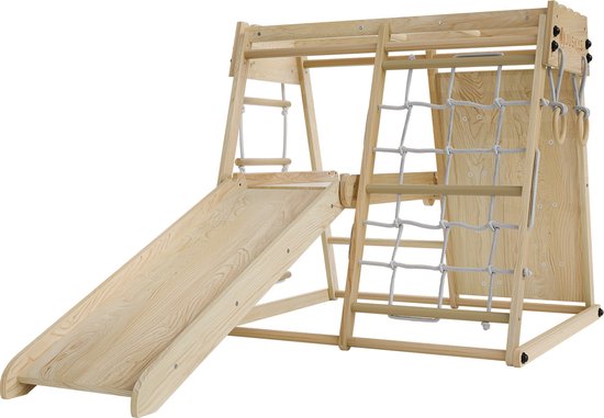 Juskys - Cadre d'escalade d'intérieur pour enfants - 102 x 98 x 100 cm & avec toboggan et mur d'escalade - équipé d'anneaux tournants et d'une échelle de corde - pliable et autoportant - bois naturel et fourré