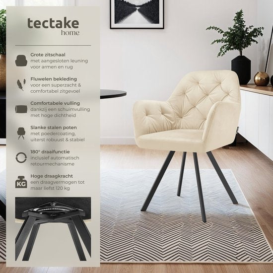 tectake® - Chaise pivotante aspect velours - Chaise de salle à manger avec accoudoirs - Assise et dossier ergonomiques - Pivotant à 180 degrés - Chaise moderne avec pieds en acier - Diverses couleurs - Crème