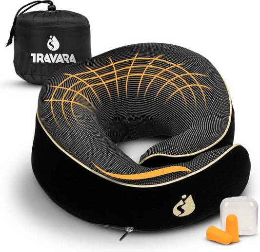 TRAVARA Oreiller de cou - Oreiller de voyage - Pour l'avion - La voiture - Mousse à mémoire de forme - Avec bouchons d'oreille - Noir