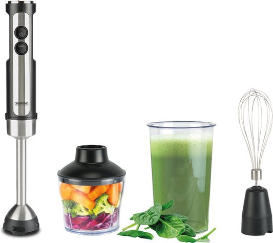 Mixeur plongeant Bourgini - 4 pièces Mixeur plongeant puissant en acier inoxydable - 20 vitesses - Fouet - Hachoir 600ml - Gobelet de mesure 800ml - 1500W