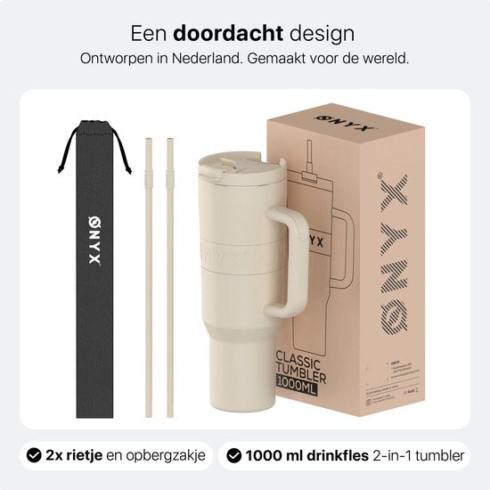 ONYX Bouteille à boire avec paille 1 litre - Bouteille d'eau pour enfants et adultes - Tasse thermos en acier inoxydable - Buvette de motivation - Tasse à boire pour l'école - Beige sable