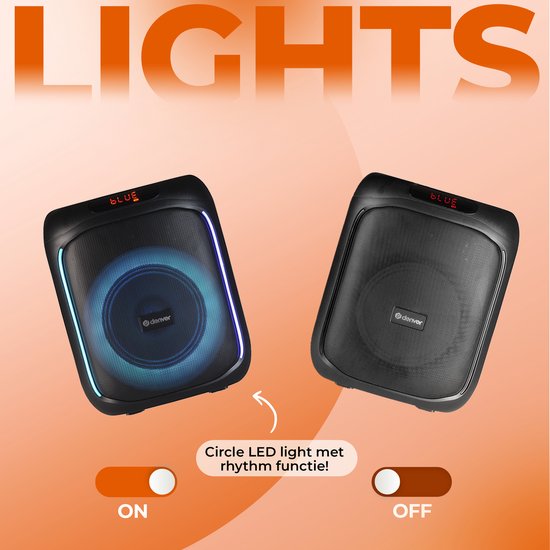 Enceinte Bluetooth Denver Party Box - Lumières disco - Incl. Télécommande - Prise microphone - BPS165