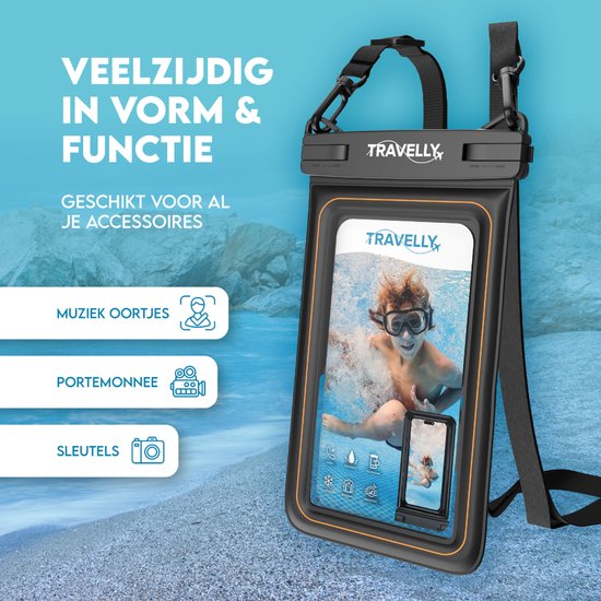 Travelly® Luxe Waterproof Phone Case - Étui sous-marin universel pour smartphone - Convient à tous les téléphones - Sacoche sèche - Pour les vacances, la natation et les sports nautiques - Noir