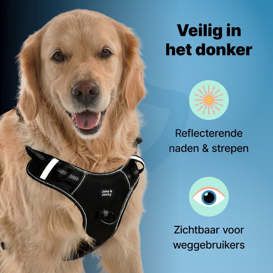 Harnais pour chien Jake et Jacky - Harnais anti-traction - Harnais pour chien - Harnais Y pour chien - Réfléchissant - Noir - Taille XL