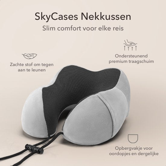 SKYCASES Travel Essentials - Oreiller de cou 3 pièces - Oreiller de voyage ergonomique en mousse à mémoire de forme avec masque pour les yeux et bouchons d'oreille - Idéal pour l'avion, la voiture et le train - Compact et luxueux - Gris clair