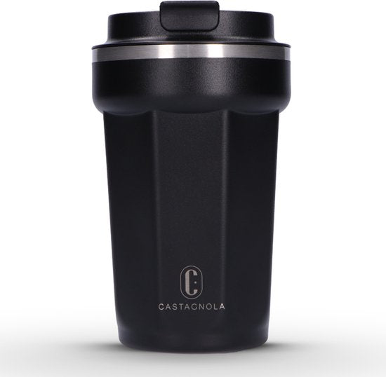 Castagnola Thermos Cup - Coffee Mug To Go - Travel Mug for Coffee and Tea - Tea Mug - 380 ML - Stainless Steel - Black - Octagon