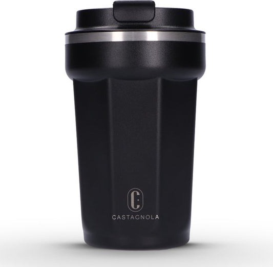 Castagnola Thermos Cup - Coffee Mug To Go - Travel Mug for Coffee and Tea - Tea Mug - 380 ML - Stainless Steel - Black - Octagon
