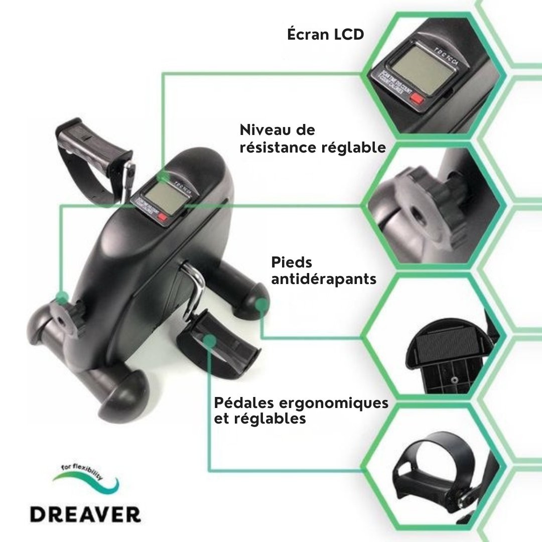 Vélo de chaise Dreaver - Ecran LCD - Tapis antidérapant inclus - Vélo de bureau - Vélo d'exercice - Deskbike - Mini vélo d'exercice - Pédalier - Fitness