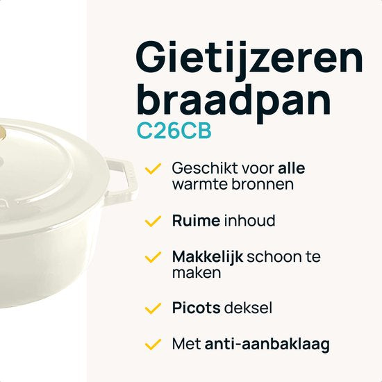 MOA Casserole en fonte - 7,2L - Pour toutes les sources de chaleur y compris l'induction - Avec couvercle - Ø 30cm - Revêtement antiadhésif - Blanc