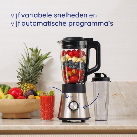 Safecourt Kitchen Power blender - 5 programmes automatiques - Smoothie maker - +2 gobelets à emporter - inox