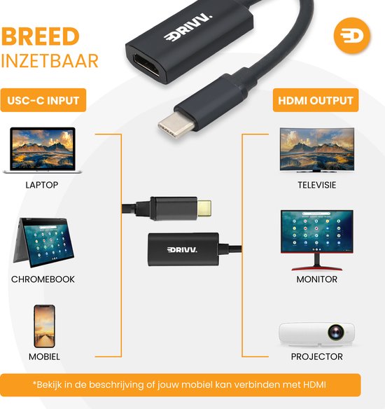Drivv. Adaptateur USB C vers HDMI - Supporte 4K 60Hz - Type C vers HDMI - Thunderbolt 3 - Noir