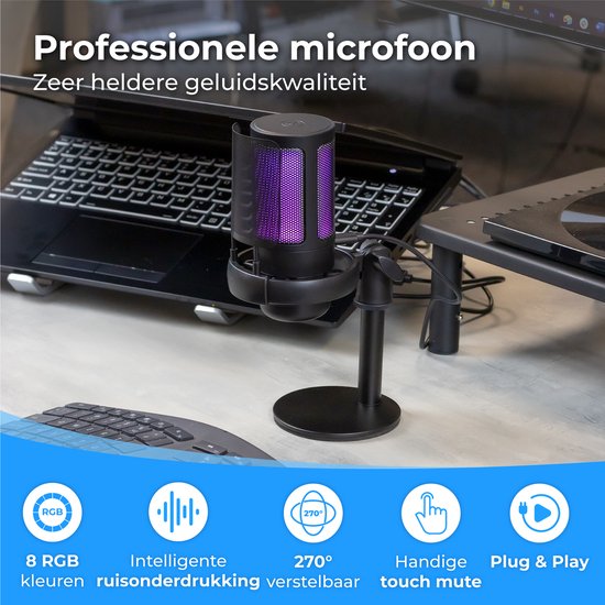 Nuvance - Microphone USB avec support - pour PC et microphone de jeu - avec filtre anti-bruit - Convertisseur USB-C inclus - Microphone de streaming - RGB