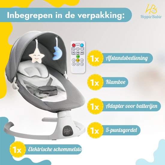 HeppieBabie Balançoire électrique - Options de musique et de balancement - Ceinture de sécurité à 5 points - Balançoire pour bébé - Balançoire pour bébé - Avec Ebook