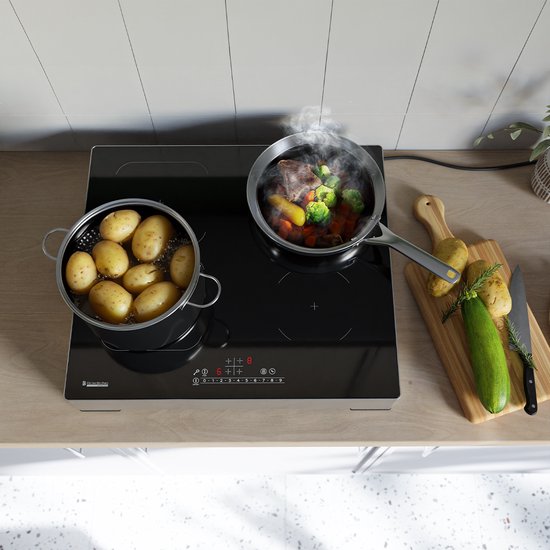 Plaque de cuisson à induction KitchenBrothers - Plaque de cuisson à induction autoportante - 60 cm - 4 zones - 1x Flexzone - 1 phase - Jusqu'à 3500W - Argent/RVS
