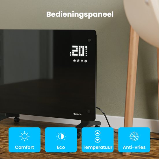 Auronic Electric Heater - Convector Heater with Thermostat and Remote Control - Glass Panel Heater - 1500W Heater - Black