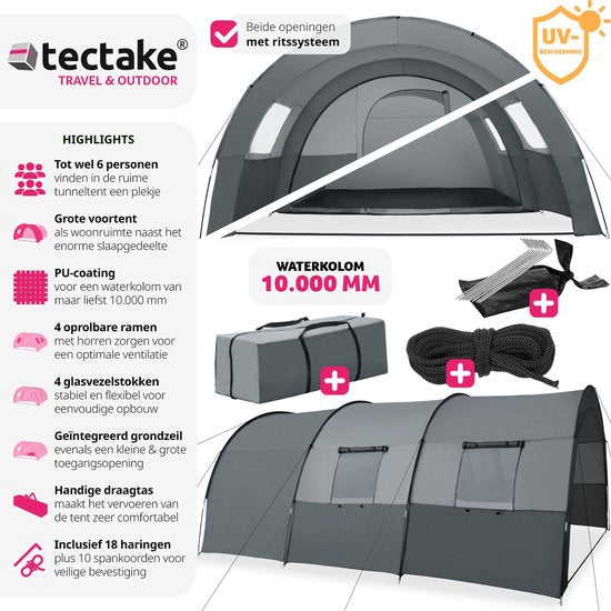 tectake® - Tente tunnel Roskilde - 6 couchages, avec auvent et tapis de sol - 404825