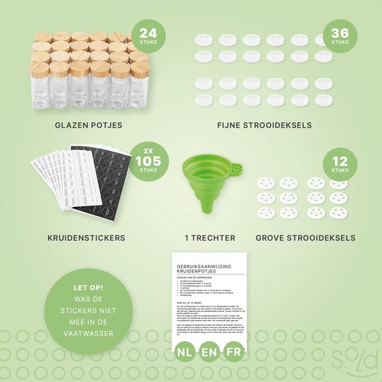 S.old - 24 pots à épices en verre carrés avec couvercle en bambou - Diffuseur d'épices - Set complet avec couvercles à saupoudrer, autocollants préimprimés et entonnoir - Capacité 120 ml - 10,5 x 4,3 cm