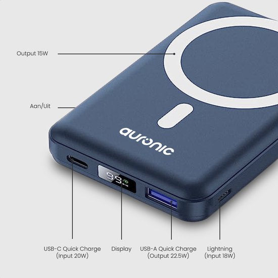 Auronic Powerbank - 10000 mAh - Convient à l'iPhone 12/13/14/15 et MagSafe - 22.5W - Chargement sans fil - Bleu