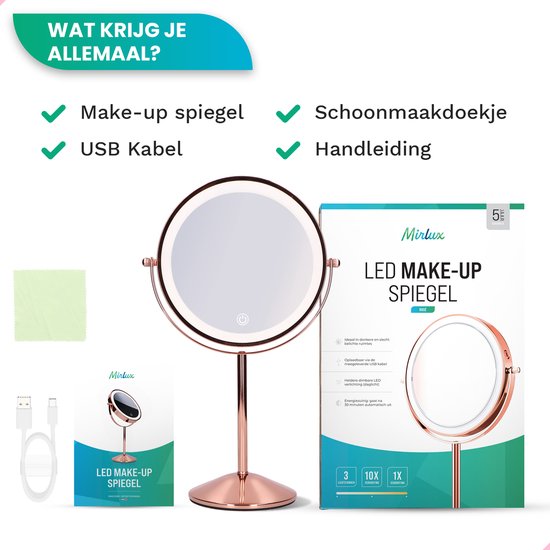 Mirlux Miroir de maquillage avec éclairage LED - lumière grossissante 10x - miroir de rasage petit sur pied - 3 niveaux d'éclairage - rechargeable - miroir grossissant rose or