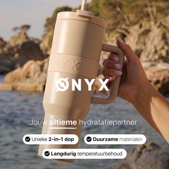 ONYX Bouteille à boire avec paille 1 litre - Bouteille d'eau pour enfants et adultes - Tasse thermos en acier inoxydable - Buvette de motivation - Tasse à boire pour l'école - Beige sable