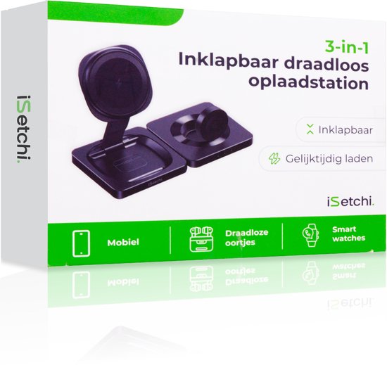 iSetchi 3-in-1 Power Base - Wireless Charger 15 W - Pliable et léger - Qi Charging Station - Câble inclus - Compatible avec Smartphone, Smartwatch & Earbuds