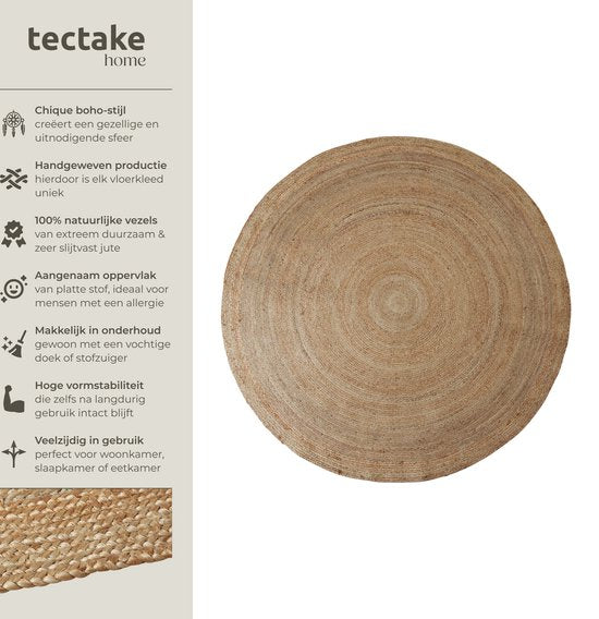 tectake® Tapis tissé à la main - Tapis durable et facile d'entretien - Rond - Jute naturel - Disponible en différentes tailles - Naturel - Ø 200 cm