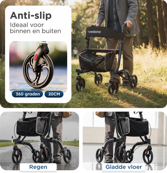 Déambulateur Medzone léger et pliable - intérieur et extérieur - fonction siège - dossier et support pour canne - noir