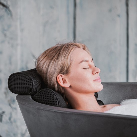 RelaxTub® Coussin de bain - Coussin pour la nuque - Coussin de bain - 6 ventouses solides - Antidérapant - Imperméable - Appui-tête de bain - Pour la tête, la nuque et les épaules - Coussin de bain noir
