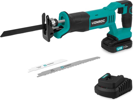 VONROC Accu Recipro saw 20V - 3 lames de scie incluses - Batterie 2.0Ah et chargeur rapide inclus