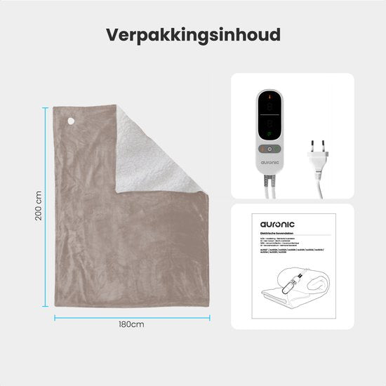 Couverture électrique Auronic - Couverture chauffante - Polaire Sherpa - 9 niveaux de chaleur et minuterie - Couverture - 200x180 - 2 personnes - Taupe
