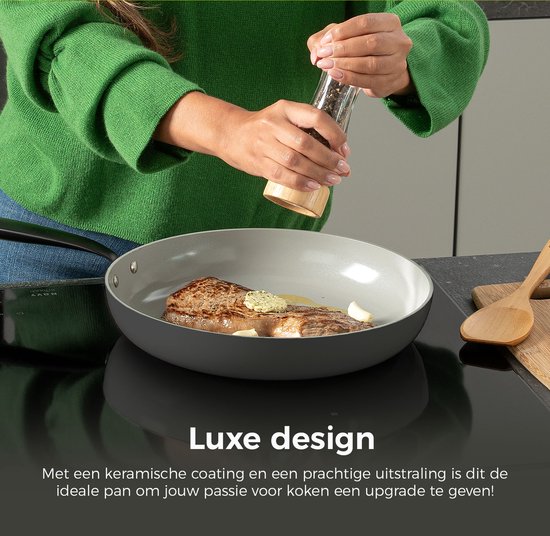 BE Living 2-Piece Frying Pan Set - Ø 24 & 28 cm - Poêle à frire - Céramique - Antiadhésif sans PFAS - Poêles à induction - Set de poêles - Gris - Essential Series