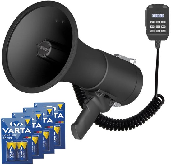 Mégaphone Velleman 50W avec sirène, batteries incluses, enregistrement 700s, réglage du volume, Bluetooth, USB, microphone à main, portée 1200m, 120dB, design ABS portable, noir mat