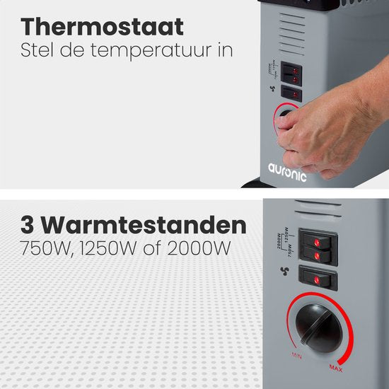 Auronic Convecteur électrique - 750/1250/2000 Watts - Avec ventilateur - Chauffage - Radiateur à ventilateur - Gris