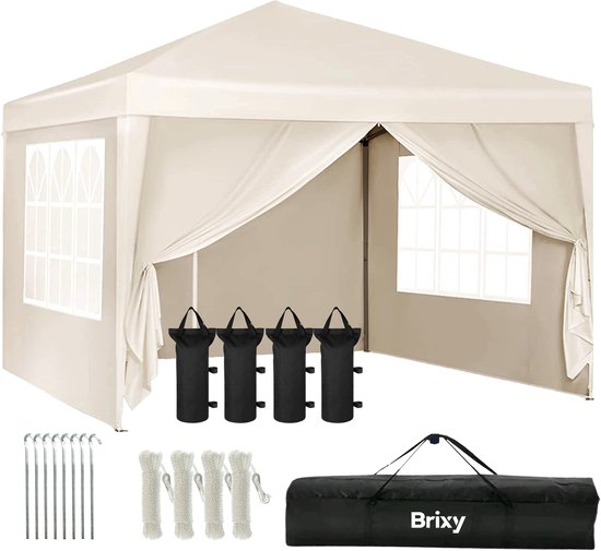 Brixy Party Tent - Pliable - Facile à monter - 3x3m - Imperméable - Pavillon avec parois latérales - Sac de transport inclus - Crème
