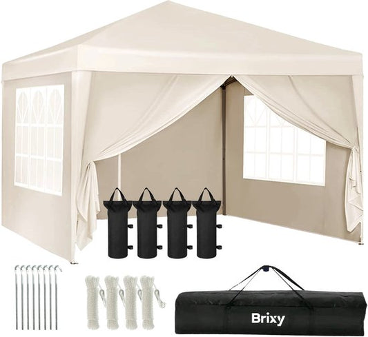 Brixy Party Tent - Pliable - Facile à monter - 3x3m - Imperméable - Pavillon avec parois latérales - Sac de transport inclus - Crème