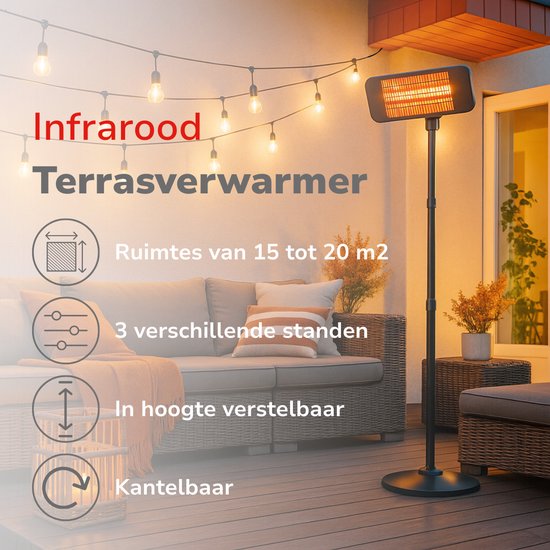 alpina Infrared Heater Stand - Terrace Heater 2000W 3 Heat Settings - Splashproof Terrace Heater IP24 with Infrared Panel
