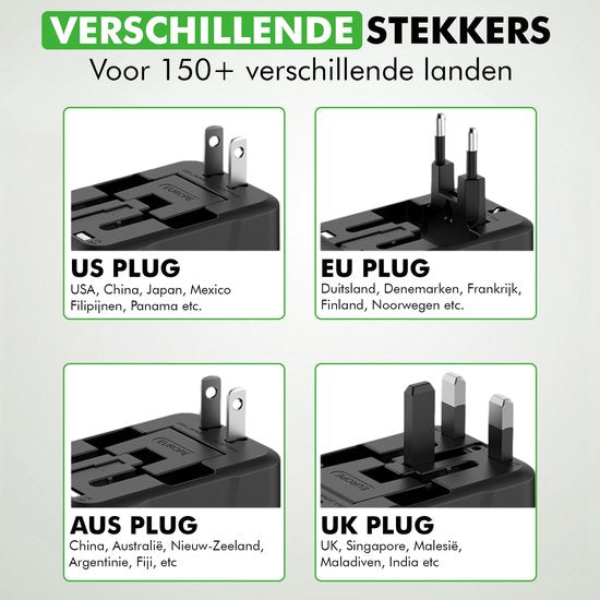 Travelhawk World plug avec 2x USB-C et 2x Port USB - Prise de voyage - Connecteur USB - Prise de voyage internationale pour plus de 150 pays - Amérique (USA) - Angleterre (UK) - Australie - Asie - Amérique du Sud - Afrique - Prises mondiales - Noir