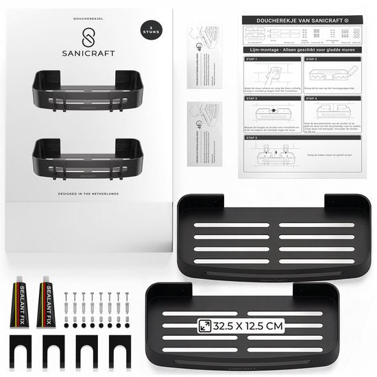 Sanicraft® Porte-douche - Pas de perçage - Convient à tout type de mur - Suspension - Inox - 2 pièces - Noir